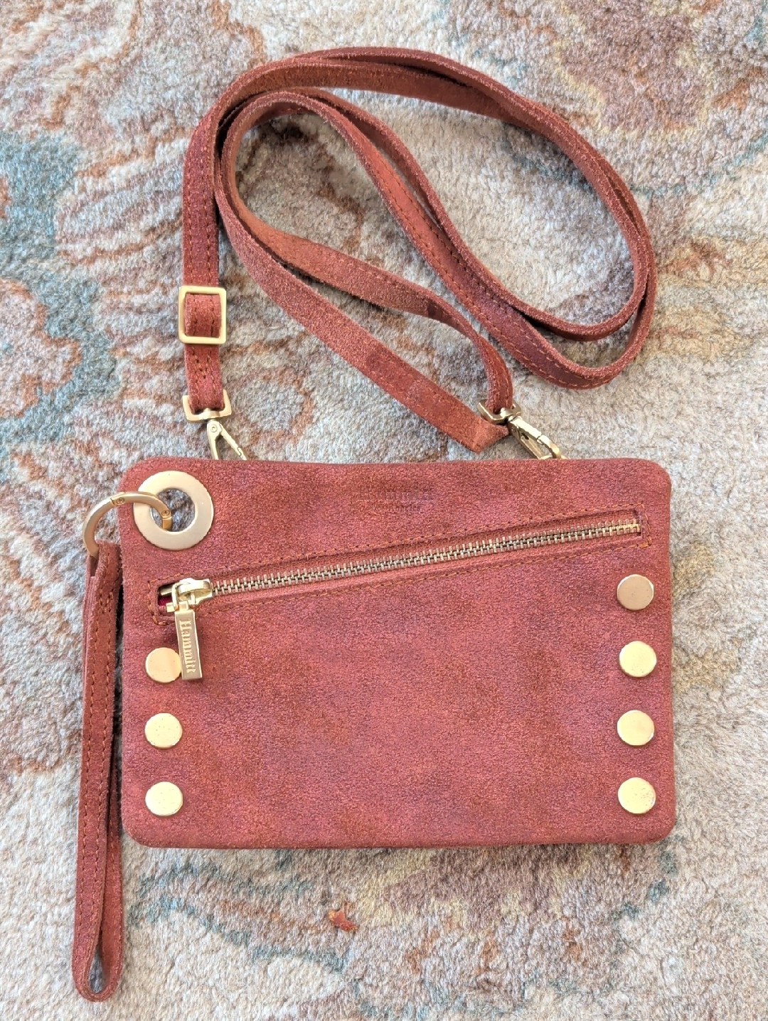 Hammit Nash Suede Small Crossbody Wristlet In Rust Red With Gold Accents